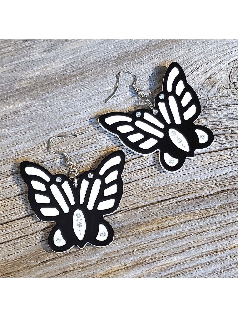Vintage Y2K White Black Lucite Austrian Crystal Butterfly Earrings
